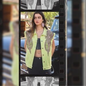 🆕 POL Twill Vest - Stud & Rhinestone Embellishments - 100% COTTON - Neon Yellow